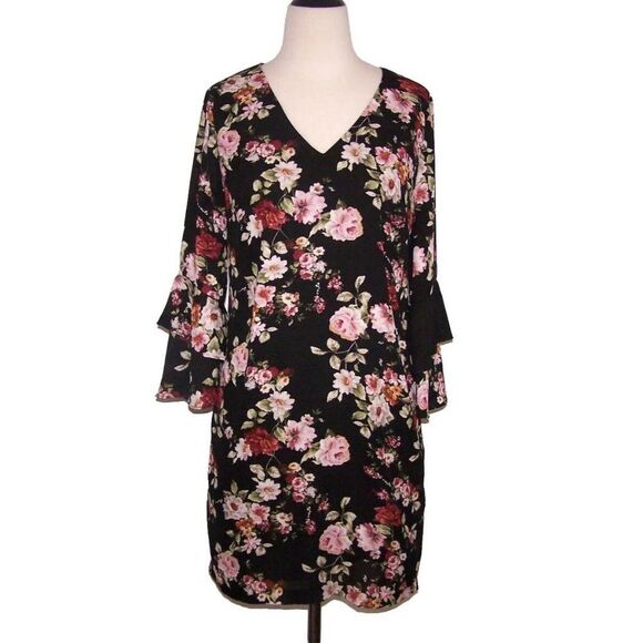 Sam Edelman Black Floral Dress Womens Sz 6 Shift 3/4 Bell Sleeves Lined V-Neck - Picture 2 of 11